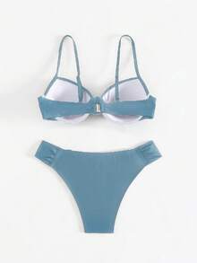 Swim SPRTY 女士黑色性感支撑褶皱抹胸上衣和比基尼泳裤两件套泳衣，夏季沙滩装 - 霧霾藍 - 查看 3
