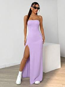 SHEIN EZwear 女款薰衣草色前開衩夏季洋裝 春季服飾 約會之夜 外出穿著 性感優雅 - 紫色 - 查看 5