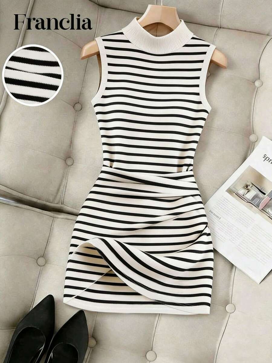 Franclia Mẫu đầm mini dáng ôm không tay kẻ sọc đen trắng mới về mùa xuân/hè dành cho nữ. - Nhiều màu - Xem 1