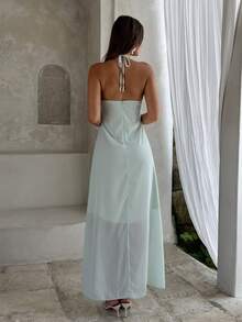 Aloruh Women's Mint Green Tie-Neck Sleeveless Dress, Solid Color Elegant Elegant Holiday Dress Holiday Vacation Summer,Wedding Guest - Green - View 2