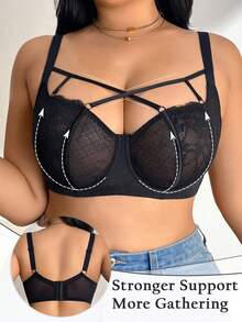 DesireSculpt Plus Size Women's Lingerie Black Lace Patchwork Underwire Bra, 1pc Plus Size Bra Underwire Plus Lingerie For Women - Black - View 3