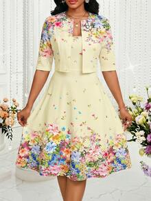 SHEIN Lady Women's Elegant Beige Floral Skater Dress With Matching Jacket Spring Summer Casual Style Tea Party - Pale Yellow - View 4
