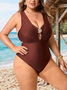 SHEIN CURVE+ Plus Size 3 Pieces Set Elegant Brown Metal Buckle Decor One-Piece Swimsuit, Can Be Matched With Other Outfits, Suitable For Party Beach And Holiday - Brown - View 4