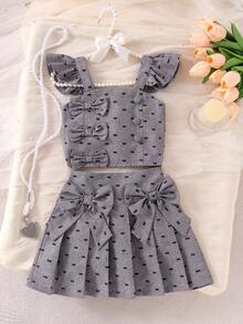 Elladie kids Bộ đồ bé gái (nhỏ) gồm áo croptop hai dây bèo nhún và chân váy xếp ly thắt nơ, trang phục mùa hè ngọt ngào và dễ thương dành cho các bé gái thanh lịch. - Xám - Xem 5