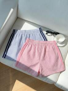 SHEIN EZwear 女士夏季条纹撞色腰部短裤两件套，适合运动、度假、毕业季、世界杯比赛日以及夏季/假期穿着。条纹撞色短裤，条纹图案，条纹，多巴胺条纹，夏季短裤，适合日常通勤、约会、派对、秋冬夏三季、圣诞节、新年等场合。 - 彩色 - 查看 2