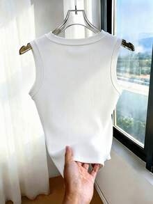 Everyssa Knitted Ribbed Crew Neck Casual Metallic Decor Design Retro Commuter Elegant Slim Fit Women Tank Top, Spring/Summer - White - View 2