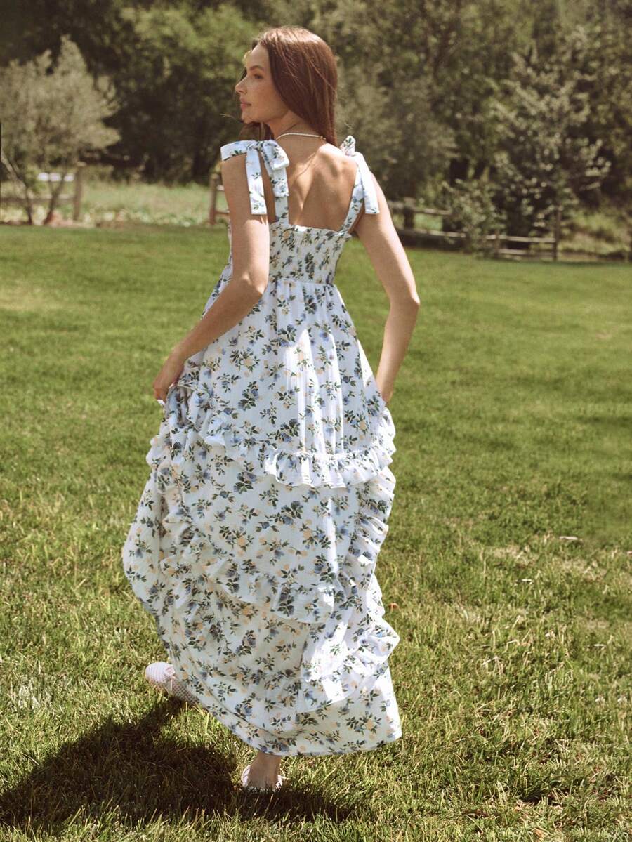 WESTFADE Vestido de cuello de corazón con tirantes de lazo, volantes escalonados y estampado floral de bajo alto - Multicolor - Ver 1
