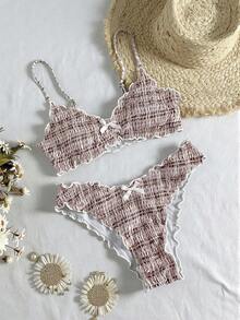 Swim Mod Women's Summer Beach Vacation Style Printed Ruffle Trim Shirred Two-Piece Bikini Set - Brown - View 3