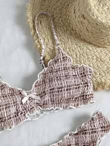 Swim Mod Women's Summer Beach Vacation Style Printed Ruffle Trim Shirred Two-Piece Bikini Set - Brown - View 7