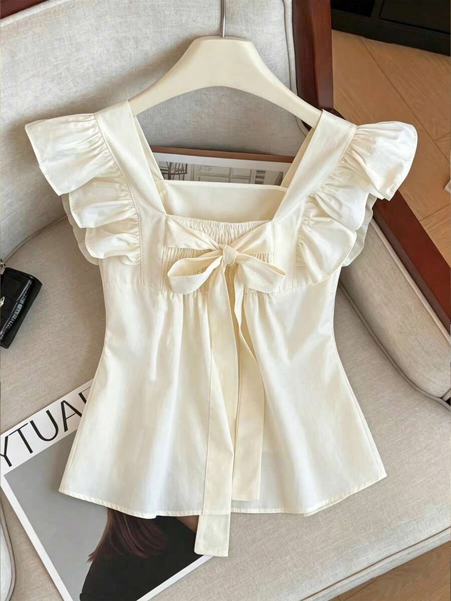 Franclia 女士休闲方领荷叶边袖后背蝴蝶结系带褶边上衣 – 夏季优雅无袖荷叶边上衣 - 杏色 - 查看 1