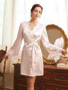Côtesoire French Elegant Charm Wedding Sleep Lace Patchwork Satin Short Women Robe Baby Pink Summer - Coral Pink - View 3