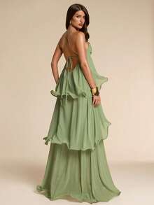 SHEIN BAE Elegant Sage Green Chiffon Halter Neck Bustier Dress,Summer Tropical Ruffled Evening Gown,Cocktail Party Wedding Bridesmaid Formal Birthday Dress - Green - View 2