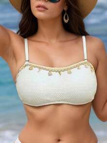 Swim Vcay Damen Große Größen Bikini-Oberteil mit Seestern Dekor und verstellbaren Trägern, Frühling 2026 Neu - Weiss - Übersicht 1