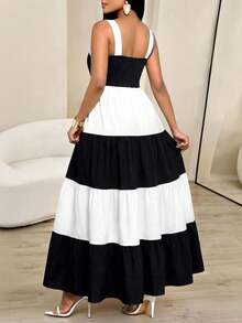 Lady Vestido sin mangas con cuello cuadrado y volantes en el bajo en color contrastante para mujer - Negro - Ver 2
