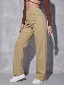 SHEIN EZwear 纯色斜插口袋休闲直筒牛仔裤 - 駝色 - 查看 4