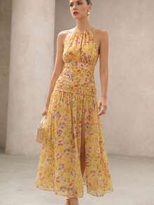 BELROSIE Vacation Versatile Romantic Elegant Floral Ruched Asymmetric Design Sleeveless Dress - Yellow - View 3