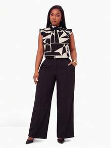 Radiana Plus Size Women's Spring And Summer Sexy Black And White Printed Fabric Ruffled Neckline And Cuffs Decorated Sleeveless Shirt, Suitable For Early Spring, Spring And Summer, Rainforest, Beach Party, Seaside Vacation, Bonfire Party, Cool And Light, Slim Fit, Comfortable To Wear, Easy To Match&Looks Slim, Accent Your Body, Flatter The Figure - Black and White - View 6