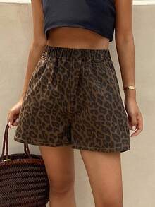 Livesso Quần short denim nữ mùa hè họa tiết da báo, cạp chun. - màu nâu - Xem 5