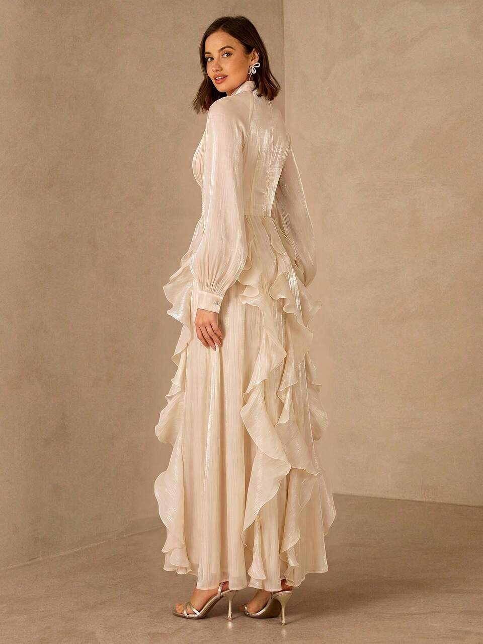Enchnt Women's Elegant Champagne Autumn Stand Collar Long Sleeve Ruffle Dress For Dining,Wedding Guest Formal,Prom,Birthday Party,Ceremony Festival
