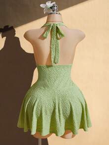 SHEIN ICON Đầm dệt kim hở lưng cổ chữ V sâu, màu trắng gợi cảm phong cách Y2K, cỡ lớn. - Màu xanh Bạc hà - Xem 2