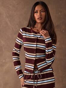 SHEIN BAE Áo thun dài tay nữ kẻ sọc phối màu, kiểu dáng thường ngày, đa năng. - Màu be - Xem 4