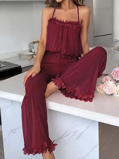 Côtesoire 3D Floral Trim Layered Chiffon Camisole And Wide Leg Pants Pajama Set