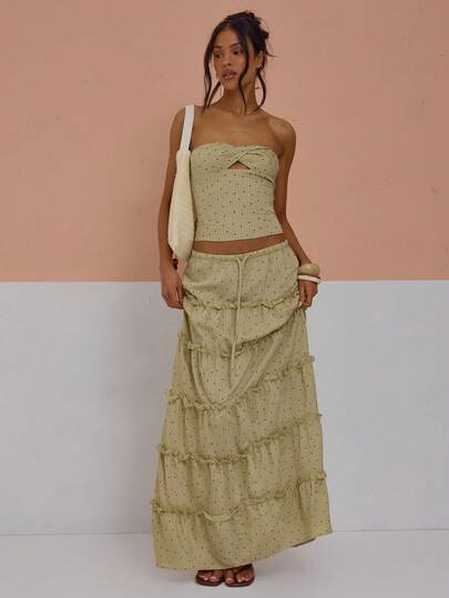 MUSERA Ruffled Hem Polka Dot Elasticated Tie Waist Flowy Maxi Skirt Coord Bottoms Only Sexy Cute Spring Summer Holiday Vacation Going Out Girly Cool Girl Late Checkout