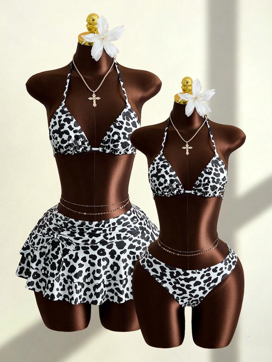 Zestiva Nuevo conjunto de bikini de 3 piezas con estampado de leopardo sexy, traje de baño informal con espalda anudada para vacaciones en la playa - Multicolor - Ver 1