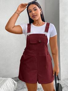 Flirla Plus Size Women Solid Color Pocket Casual Versatile Daily Wear Bib Shorts - Burgundy - View 5