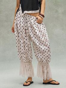 Bohemela Conjunto de primavera/verano bohemio: Pantalones holgados de estilo bohemio, casual y de vacaciones para mujer, con estampado de lunares y parches de tejido. Ideal para vacaciones en la playa, conciertos con estilo occidental/country, festivales de música y fiestas. Adecuado para looks de vacaciones en la playa, uso diario, vuelta al colegio, salidas y fiestas. También es genial para looks inspirados en los años 2000, estilo Y2K y atuendos de vacaciones de verano. - Albaricoque - Ver 3