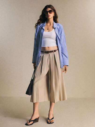 Poéselle Women's Pants Chic High-Waist Pleated Culotte Trousers – Wide-Leg Cropped Palazzo Pants For Effortless Office-To-Weekend Style Wide Leg Trousers Women Culotte Pants Outfit Cropped Palazzo Pants Beige Wide Leg Pants High Waist Culottes Flowy Summer Pants Minimalist Workwear Pleated Pants Women Neutral Tone Outfit Relaxed Office Style Solid Color Pleated Pocket Casual Versatile Daily Wear Wide Leg Pants Bottom