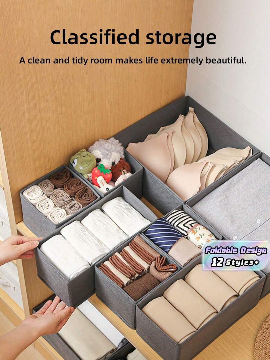 1/3/6/9/12 Stücke faltbare Stoff Schubladeneinteilungen Aufbewahrungsboxen für Unterwäsche, BHs, Socken, T-Shirts, Hosen, Schlafzimmer Schrank Organisation - Grau - Übersicht 1