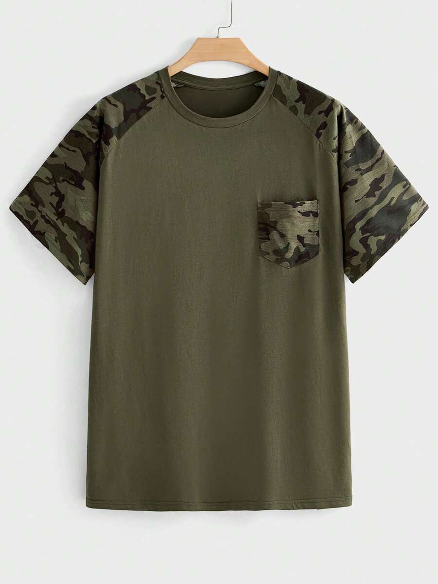 EASEVO Camiseta de manga corta casual de cuello redondo con bloques de color para hombres de talla grande - Verde militar - Ver 1