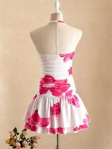 SHEIN Vestido halter de niña grande con estampado de tinta rosa, vestido de verano con volantes y ajuste ceñido, lindo y elegante - Multicolor - Ver 2