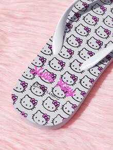 HELLO KITTY AND FRIENDS | SHEIN 女款卡通印花夾腳拖鞋，圓頭軟底，少女風，白色印花EVA材質，平底沙灘涼鞋 - 純白色 - 查看 4