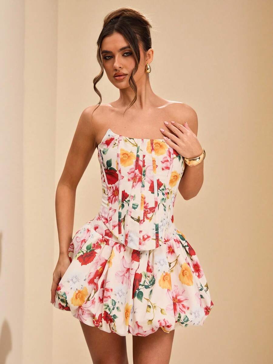 SHEIN BAE Bộ 2 món gồm áo croptop cúp ngực in hoa và chân váy xòe bồng bềnh, thích hợp cho tiệc cưới, tiệc cocktail mùa hè, kỳ nghỉ biển, sinh nhật. Váy in hoa nhẹ nhàng, ôm sát, dành cho nữ mùa xuân/hè, đi học, tốt nghiệp, trang phục dự tiệc cưới, váy thanh lịch tối giản gợi cảm, váy duyên dáng, thích hợp cho kỳ nghỉ và hẹn hò. - Nhiều màu - Xem 1