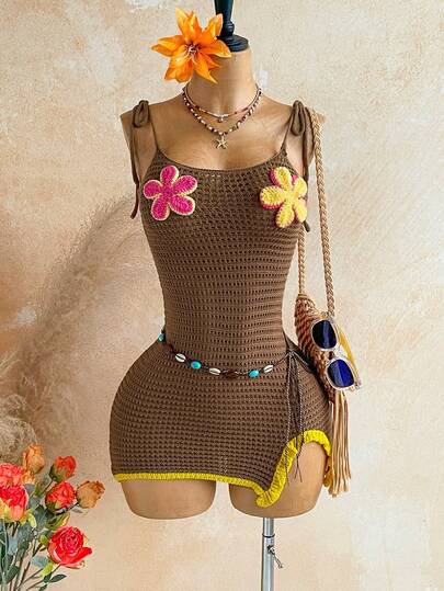 Soleia Women's Floral Applique Twist Bodycon Camisole Sweater Dress