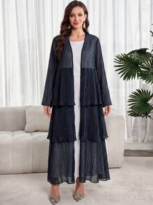 Al Najma 女士纯色喇叭袖荷叶边宽松阿拉伯长袍 - 黑色 - 查看 6