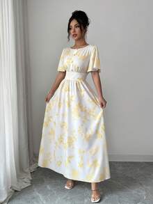 Balvessa Vestido de Manga Curta com Cintura Marcada e Estampa Floral Amarela, Novidade de Verão para Mulheres - Ganso amarelo - Visão 3