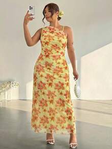 Firerie Plus Size Women's Elegant Yellow Summer Holiday Tea Party Floral Dress,Irregular Neck Ruched Sleeveless Sheer Minimalist Chic Bodycon Casual Dress - Multicolor - View 6