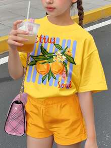 陽光檸檬黃復古甜美檸檬字母圖案青少年女孩休閒簡約短袖修身圓領T恤，適合春夏日常、出遊、度假、假日穿著，春夏舒適百搭，時尚女孩休閒風，迷你檸檬圖案T恤，新風格，返校季，慵懶氛圍，少女風 - 彩色 - 查看 4