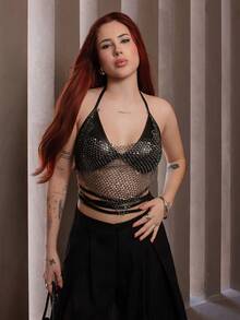 FER DURAN 女性時尚網眼領口Y2K足球運動衫閃亮派對胸衣，帶鏈條和開放式背部 - 黑色 - 查看 5