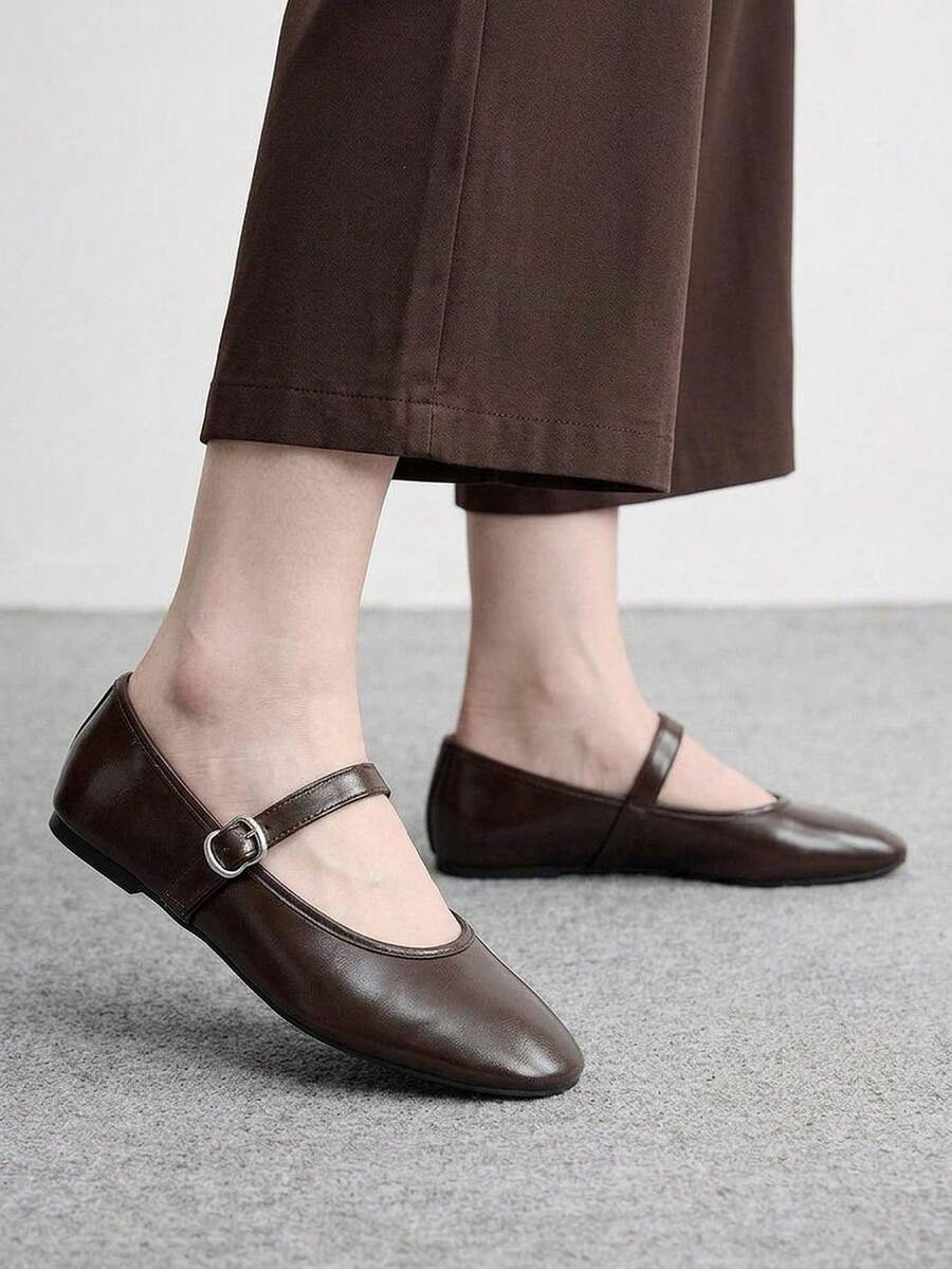 CUCCOO BIZCHIC 女士搭扣简约大方平底鞋，适合日常出行通勤休闲穿着，圆头鞋 - 咖啡 - 查看 1