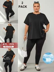SHEIN CURVE+ Ensemble 2 pièces décontracté pour femmes grandes tailles, t-shirt à col rond à manches courtes de couleur unie et leggings - Noir - Voir 9