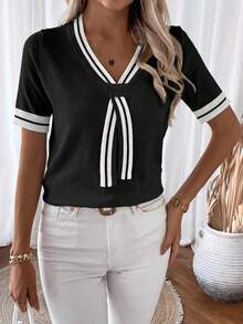 EMERY ROSE Blusa feminina casual de malha com estampa listrada e patchwork, manga curta. - Preto - Ver 3