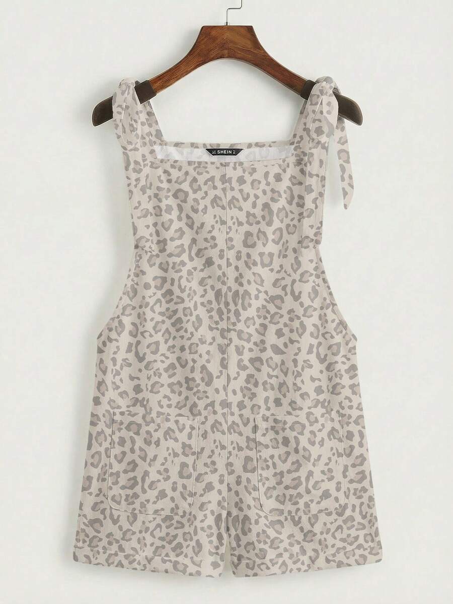 SHEIN EZwear Bộ jumpsuit họa tiết da báo cổ điển, phối nhiều mảnh, dây thắt nút và túi, thích hợp cho các buổi đi chơi, đi học, phong cách thanh lịch, đi làm, dự tiệc cưới, kỳ nghỉ biển. - Nhiều màu - Xem 1