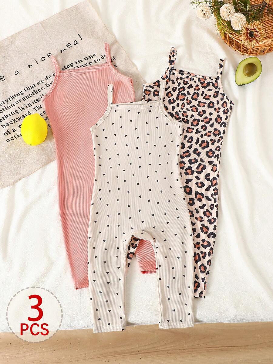 SHEIN Conjunto de camiseta de tirantes acanalada y leggings a juego para hermana y madre, uso diario versátil y casual para niñas bebés, negro + gris jaspeado + estampado de leopardo