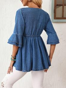 SHEIN Holidaya Áo khoác denim nữ buộc dây, nhún bèo, kiểu dáng thường ngày, đa năng. - Màu xanh lam - Xem 2