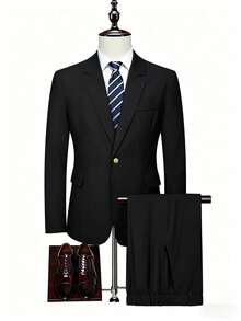 Manfinity Mode Bộ vest công sở nam mùa xuân/hè dành cho quý ông trưởng thành, gồm áo khoác và quần tây. - màu đen - Xem 3