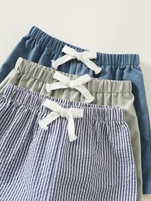 SHEIN Bộ 3 quần short cho bé sơ sinh/trẻ nhỏ, kiểu dáng unisex, màu mơ kẻ caro, màu trơn, sọc, cạp chun, chất liệu mềm mại và thoải mái, thích hợp cho mùa hè. - Nhiều màu - Xem 4